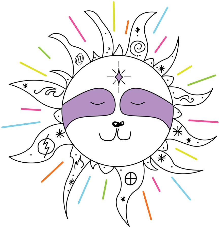 The Cosmic Sloth, a sleeping sloth face at the center of a hand-drawn sun