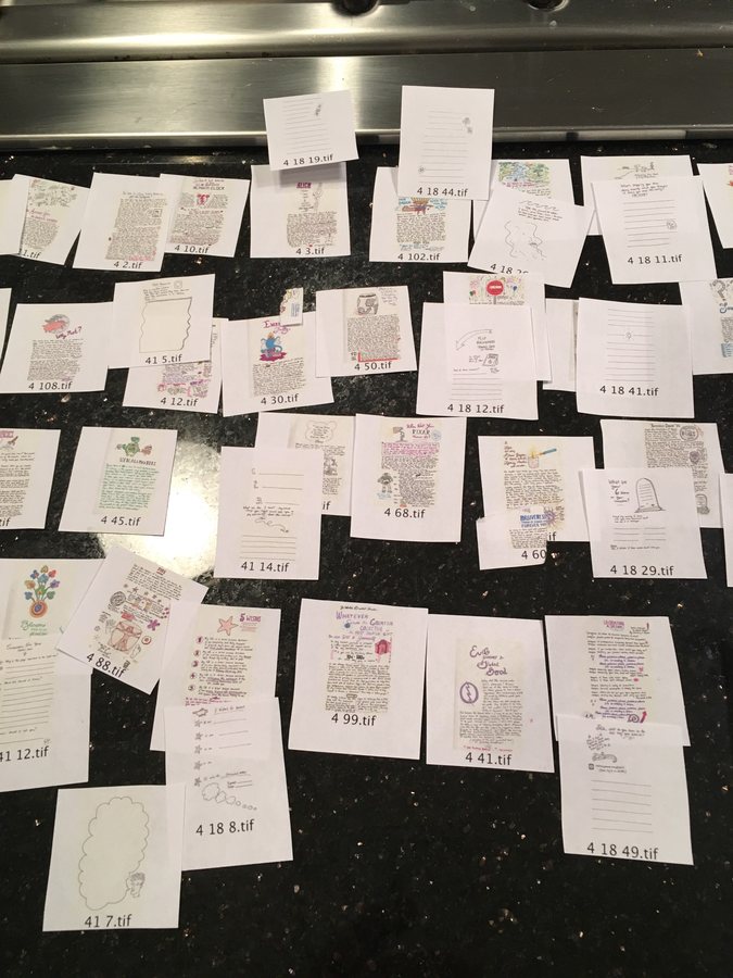 A closer look at the hand-drawn Cosmic Journal pages laid out in rows, each labeled with its file number